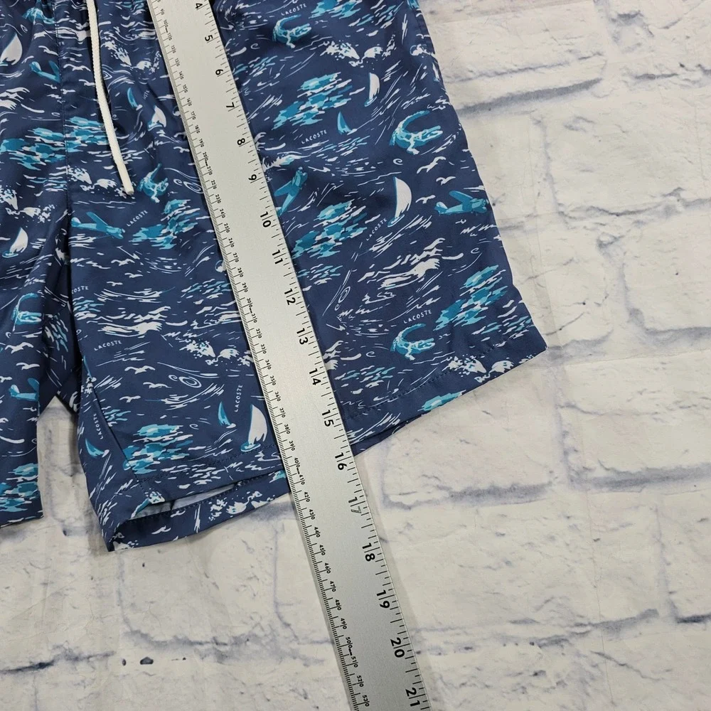 Lacoste Swim Trunks Mens M Blue Nautical Sailboat Print Drawstring Mesh Lining